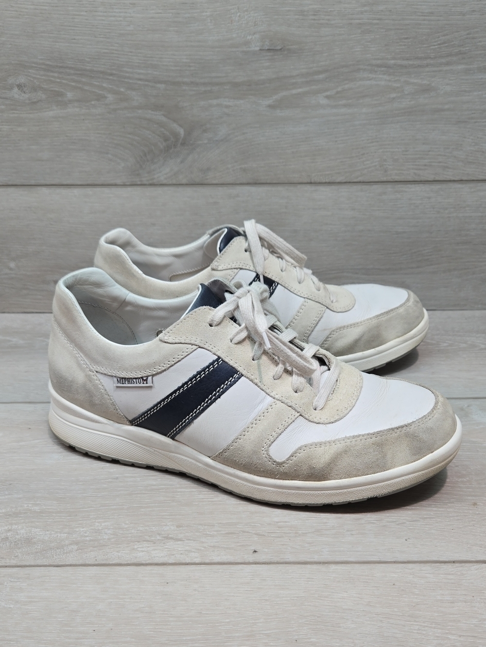 Mephisto Men's Casual White&Navy Leather Sneakers Air Jet System Shoes Sz US9